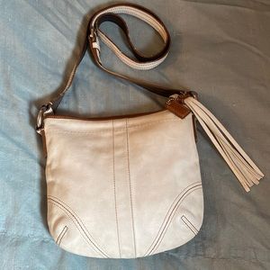 Small coach off-white and tan cross body bag with adjustable strap
